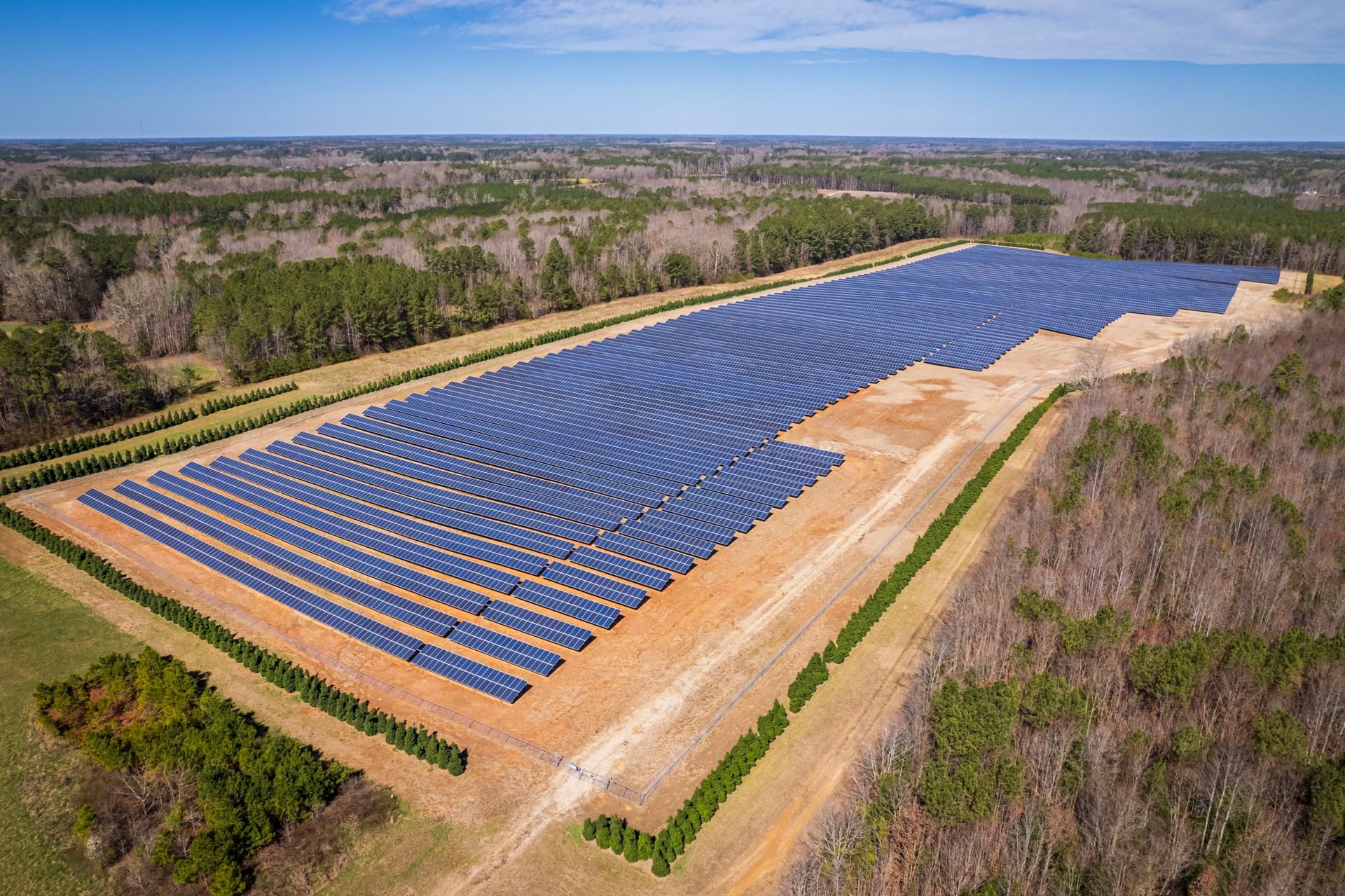 Aerial view of a large solar farm