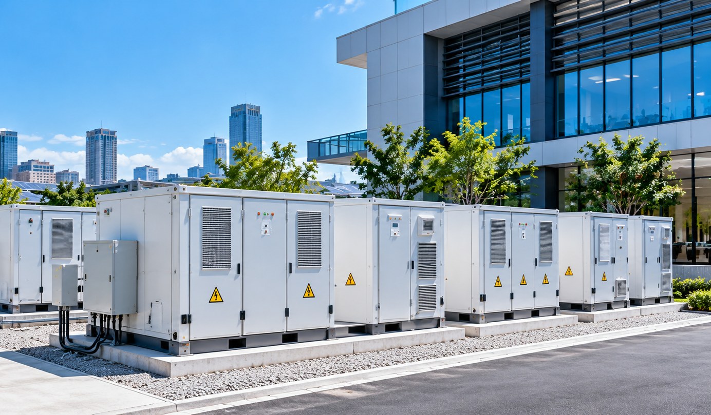 Battery storage cabinets beside a commercial building