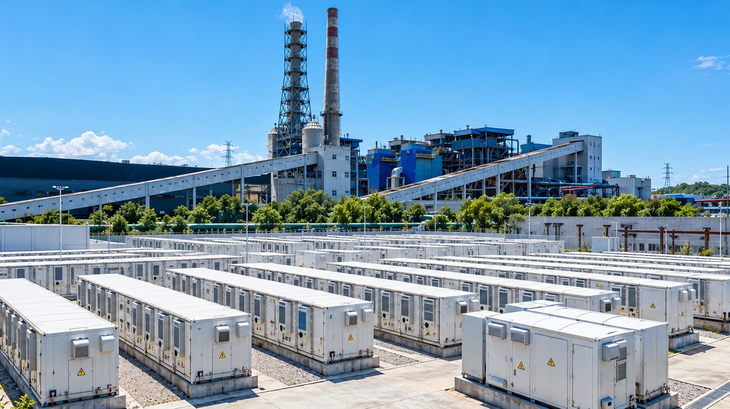 Battery storage cabinets beside a factory