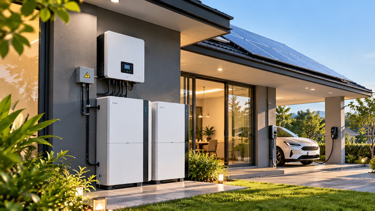 Home battery and inverter beside a house with an electric car