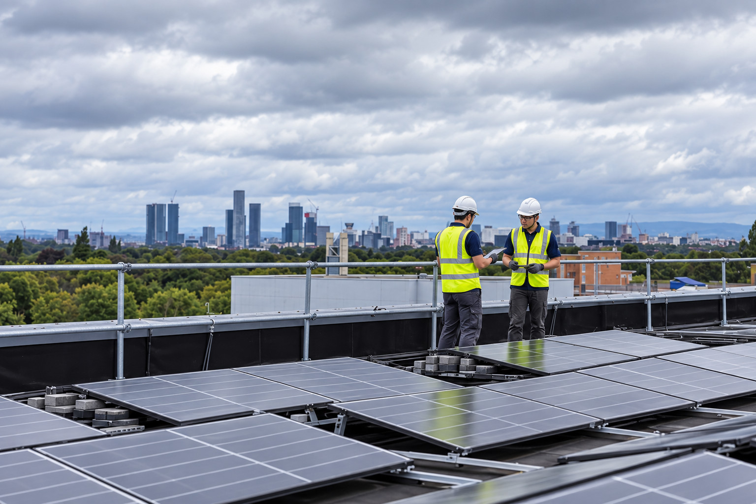Two engineers inspecting rooftop solar panels with a city skyline