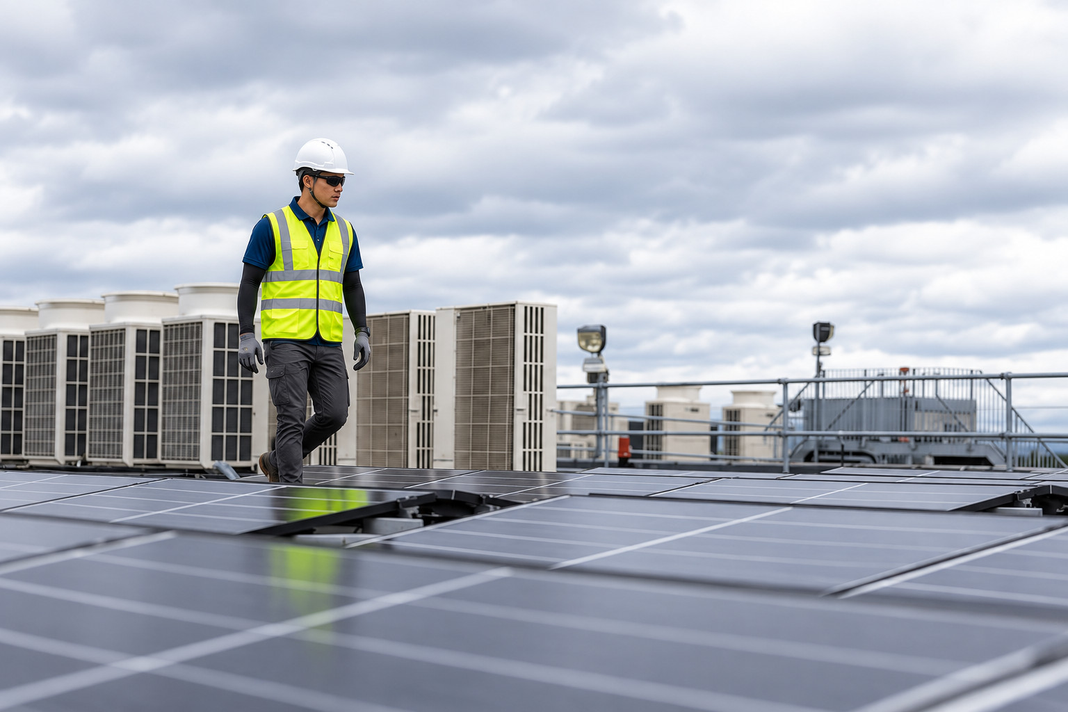 Technician walking an industrial rooftop solar array