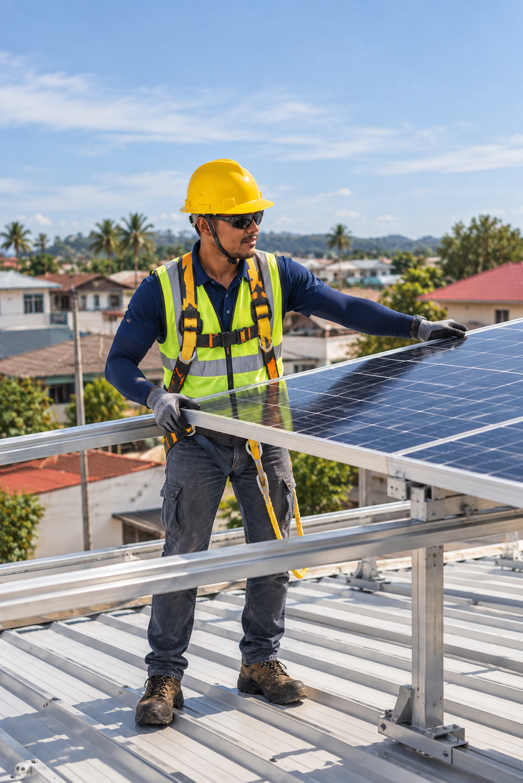 Technician installing a solar panel on a rooftop