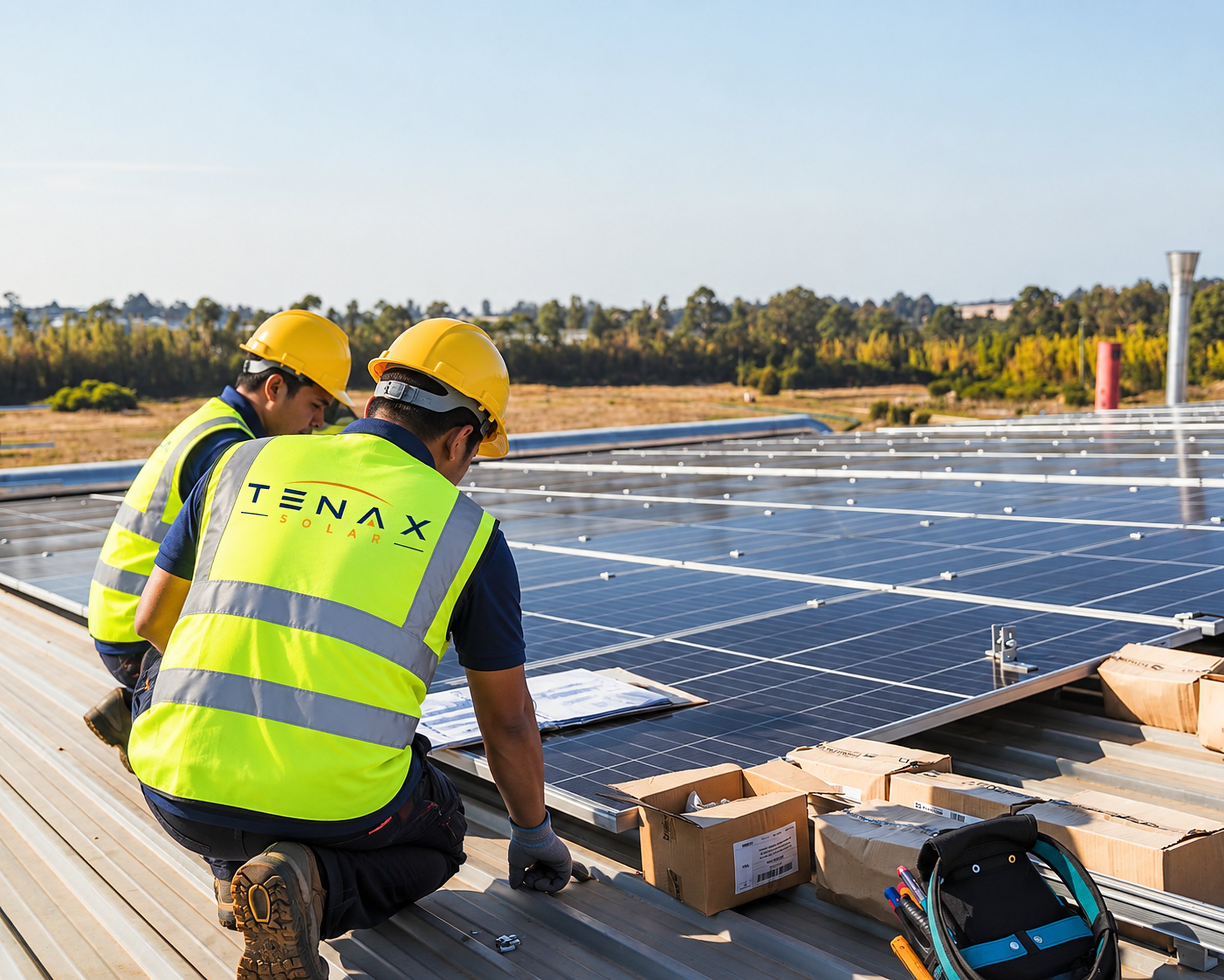 Tenax Solar team checking a rooftop solar installation
